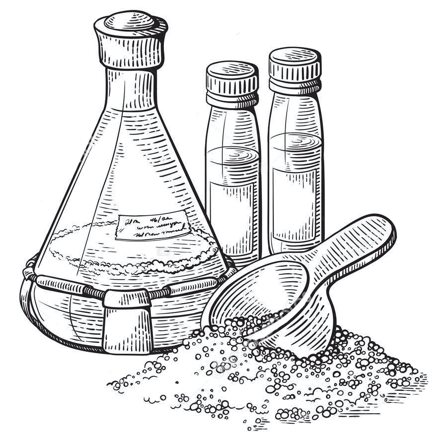 laboratory flask with liquid, brewer yeast, scoop with dry yeast